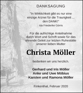 Traueranzeige von Christa Möller von Mecklenburger Schweiz