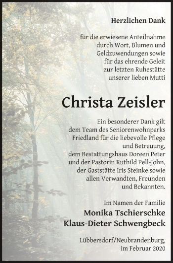 Traueranzeige von Christa Zeisler von Neubrandenburger Zeitung