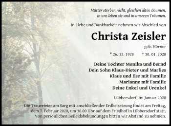 Traueranzeige von Christa Zeisler von Neubrandenburger Zeitung