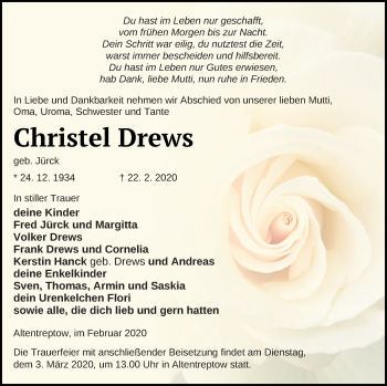 Traueranzeige von Christel Drews von Neubrandenburger Zeitung