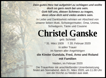 Traueranzeige von Christel Ganske von Pasewalker Zeitung