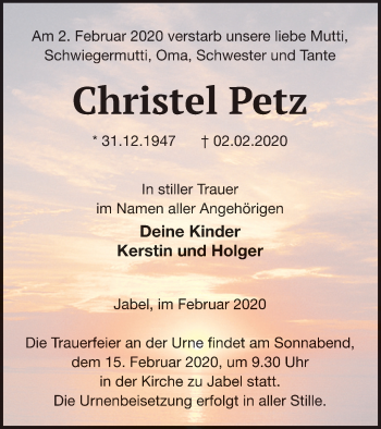 Traueranzeige von Christel Petz von Müritz-Zeitung