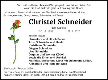 Traueranzeige von Christel Schneider von Prenzlauer Zeitung