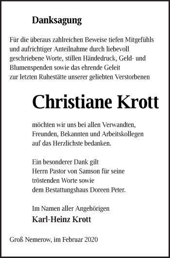 Traueranzeige von Christiane Krott von Neubrandenburger Zeitung