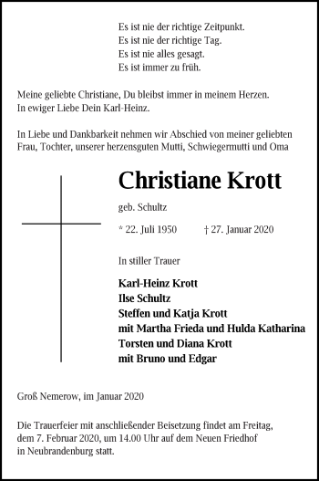 Traueranzeige von Christiane Krott von Neubrandenburger Zeitung