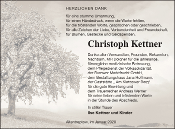 Traueranzeige von Christoph Kettner von Neubrandenburger Zeitung