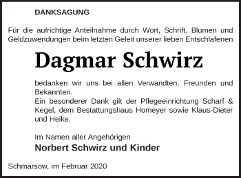 Traueranzeige von Dagmar Schwirz von Vorpommern Kurier