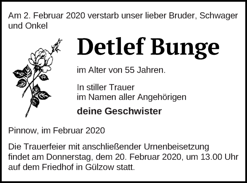  Traueranzeige für Detlef Bunge vom 12.02.2020 aus Mecklenburger Schweiz