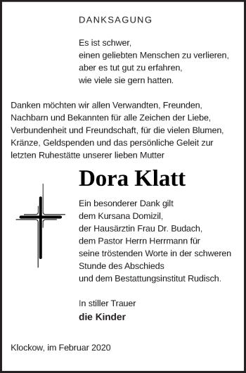 Traueranzeige von Dora Klatt von Mecklenburger Schweiz