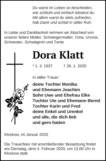 Traueranzeige von Dora Klatt von Mecklenburger Schweiz