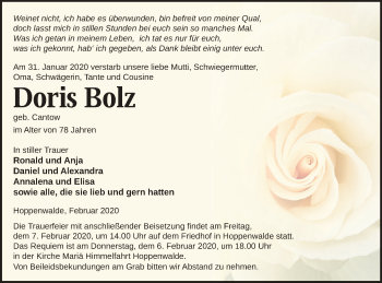 Traueranzeige von Doris Bolz von Haff-Zeitung