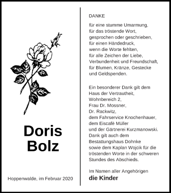 Traueranzeige von Doris Bolz von Haff-Zeitung