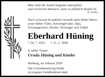 Traueranzeige von Eberhard Hüning von Strelitzer Zeitung