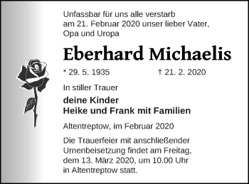 Traueranzeige von Eberhard Michaelis von Neubrandenburger Zeitung