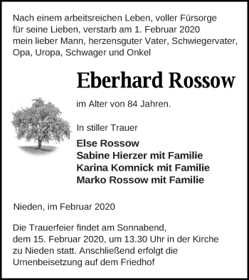 Traueranzeige von Eberhard Rossow von Pasewalker Zeitung