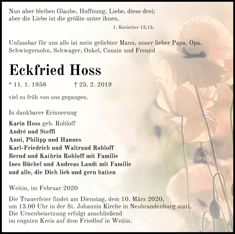  Traueranzeige für Eckfried Hoss vom 28.02.2020 aus Neubrandenburger Zeitung