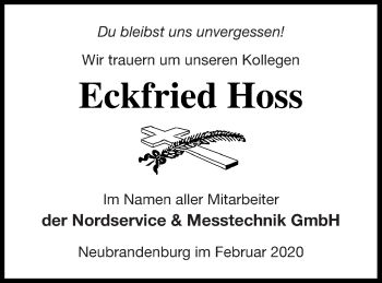 Traueranzeige von Eckfried Hoss von Neubrandenburger Zeitung