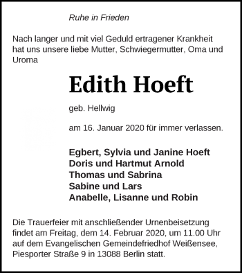 Traueranzeige von Edith Hoeft von Müritz-Zeitung