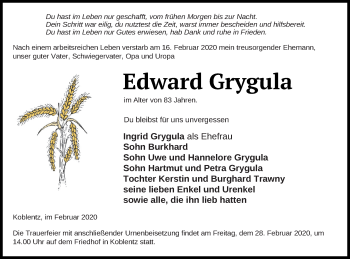 Traueranzeige von Edward Grygula von Pasewalker Zeitung