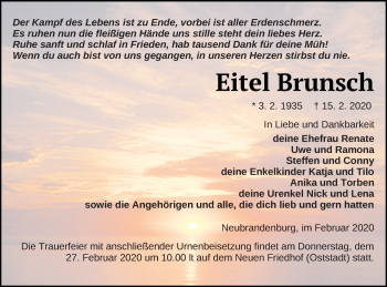 Traueranzeige von Eitel Brunsch von Neubrandenburger Zeitung