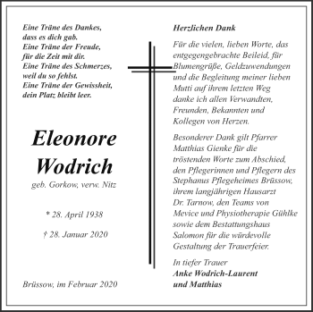 Traueranzeige von Eleonore Wodrich von Prenzlauer Zeitung