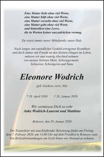 Traueranzeige von Eleonore Wodrich von Prenzlauer Zeitung