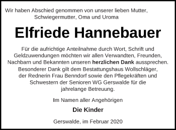 Traueranzeige von Elfriede Hannebauer von Templiner Zeitung