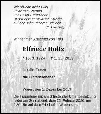 Traueranzeige von Elfriede Holtz von Müritz-Zeitung