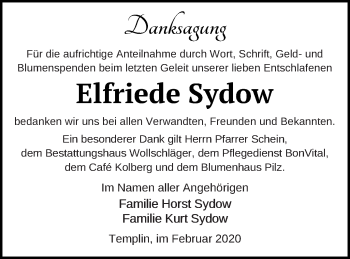 Traueranzeige von Elfriede Sydow von Templiner Zeitung