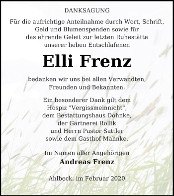 Traueranzeige von Elli Frenz von Haff-Zeitung