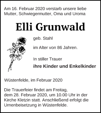 Traueranzeige von Elli Grunwald von Vorpommern Kurier