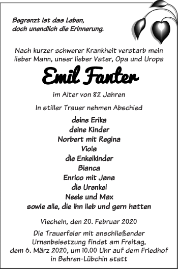 Traueranzeige von Emil Fanter von Mecklenburger Schweiz