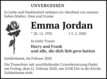 Traueranzeige von Emma Jordan von Strelitzer Zeitung