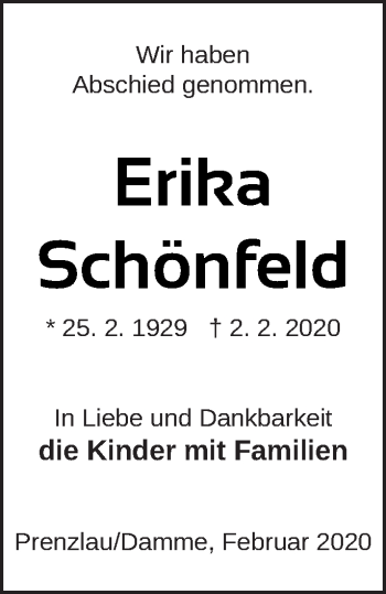 Traueranzeige von Erika Schönfeld von Prenzlauer Zeitung