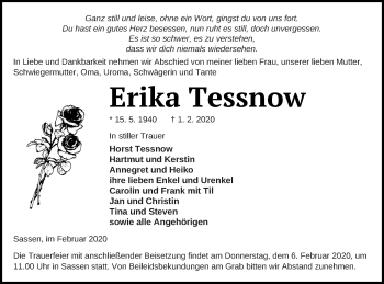 Traueranzeige von Erika Tessnow von Vorpommern Kurier