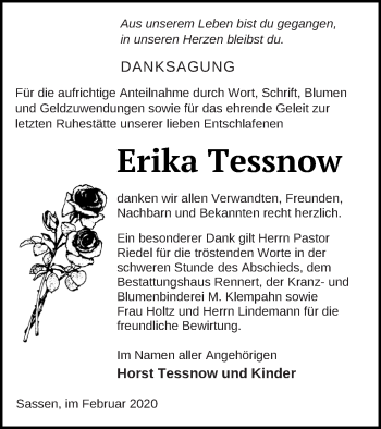 Traueranzeige von Erika Tessnow von Vorpommern Kurier