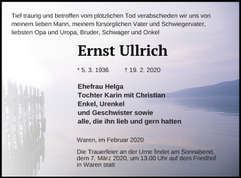 Traueranzeige von Ernst Ullrich von Müritz-Zeitung