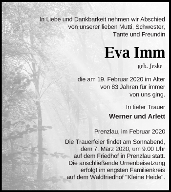 Traueranzeige von Eva Imm von Prenzlauer Zeitung