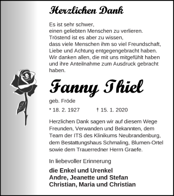 Traueranzeige von Fanny Thiel von Neubrandenburger Zeitung