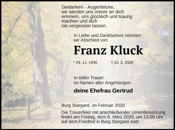 Traueranzeige von Franz Kluck von Neubrandenburger Zeitung