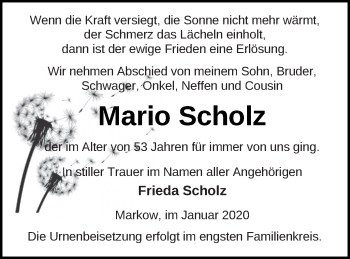 Traueranzeige von Mario Scholz von Mecklenburger Schweiz