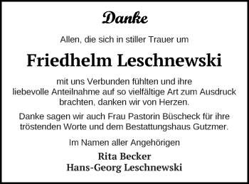 Traueranzeige von Friedhelm Leschnewski von Pasewalker Zeitung