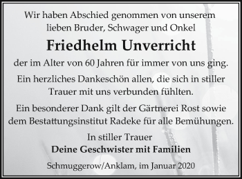 Traueranzeige von Friedhelm Unverricht von Vorpommern Kurier