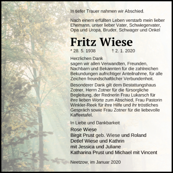 Traueranzeige von Fritz Wiese von Vorpommern Kurier