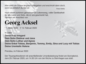Traueranzeige von Georg Acksel von Prenzlauer Zeitung
