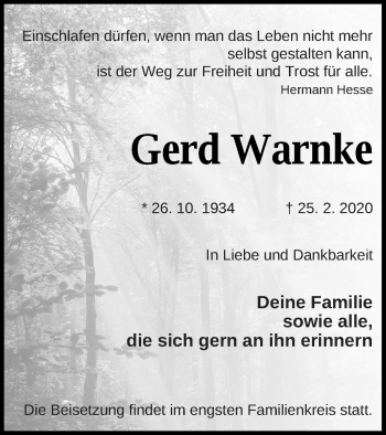 Traueranzeige von Gerd Warnke von Demminer Zeitung