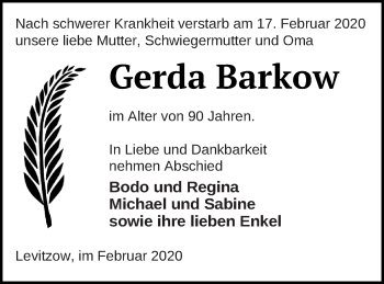 Traueranzeige von Gerda Barkow von Mecklenburger Schweiz