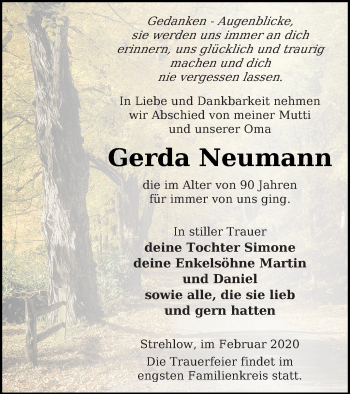 Traueranzeige von Gerda Neumann von Prenzlauer Zeitung