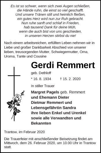 Traueranzeige von Gerdi Remmert von Vorpommern Kurier