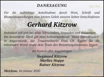 Traueranzeige von Gerhard Kitzrow von Prenzlauer Zeitung